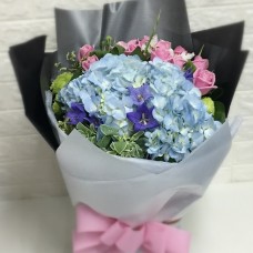 Blue Hygrangea with One Dozen Maria Pink Rose Bouquet